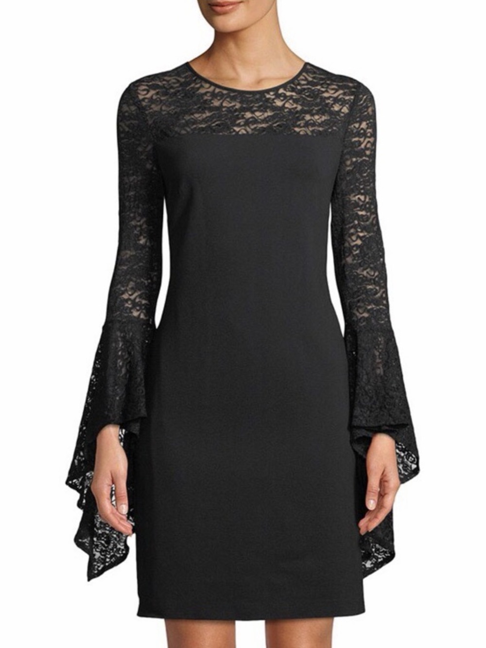 Vince Camuto Black Floral Lace Bell Sleeve Shift Dress